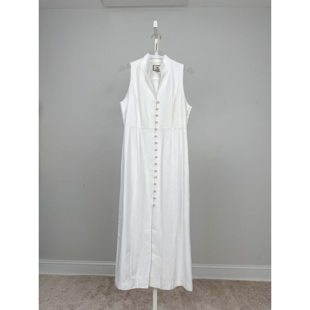 Tuckernuck White Leighton Midi Dress Medium Linen Blend Raffia Button Resort - Picture 2 of 7